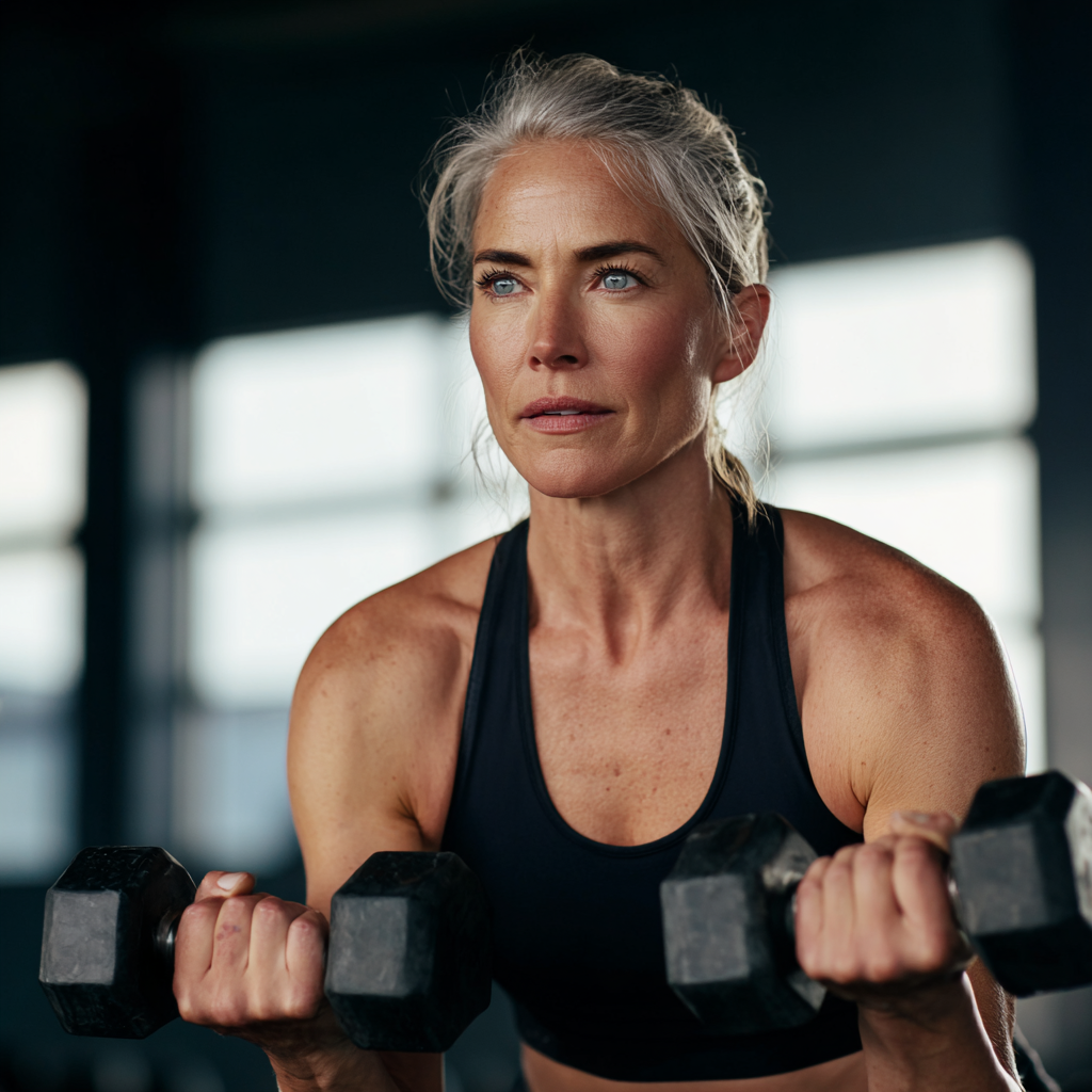 Confident woman in her late 40s exercising with dumbbells in a modern fitness studio, wearing athletic attire and showing determination