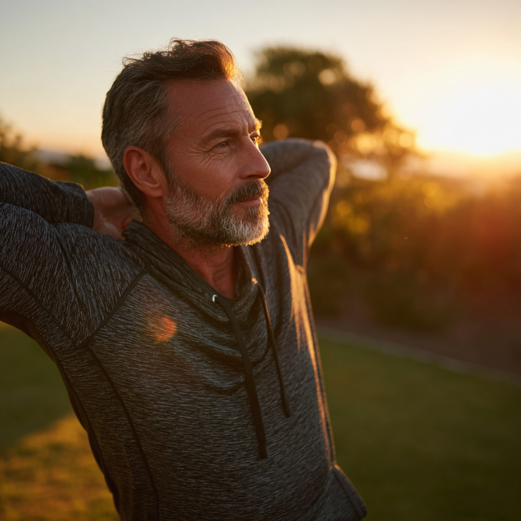 Mature man in his 50s stretching in a peaceful outdoor setting during golden hour, demonstrating flexibility and mindful movement